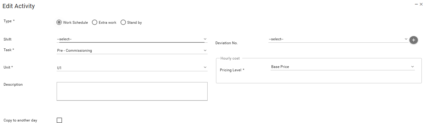 Edit Activity dialog with type, task, unit, and pricing level