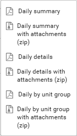 Export menu on the daily report