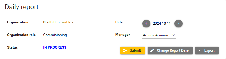 Daily report header with date, status, and actions