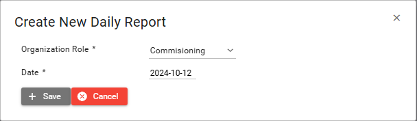 Create New Daily Report dialog with organization role and date