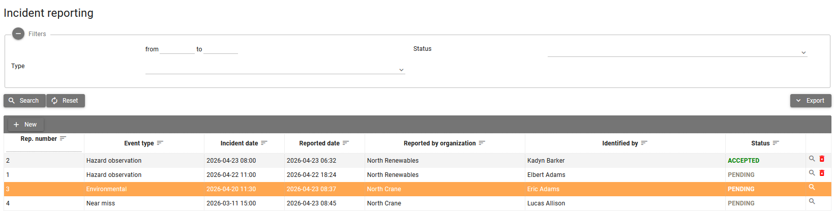 Screenshot placeholder: Incident reporting list and filters