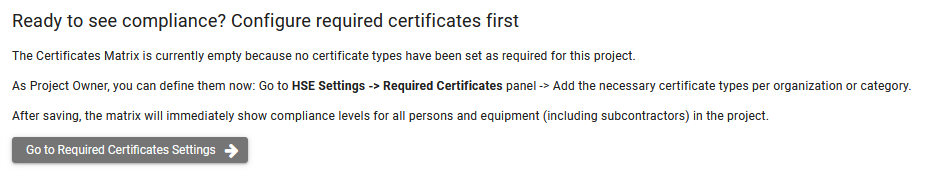Screenshot: Matrix empty state with link to HSE settings (project owner)