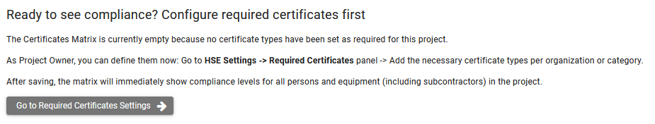 Screenshot: Matrix empty state with link to HSE settings (subcontractor)
