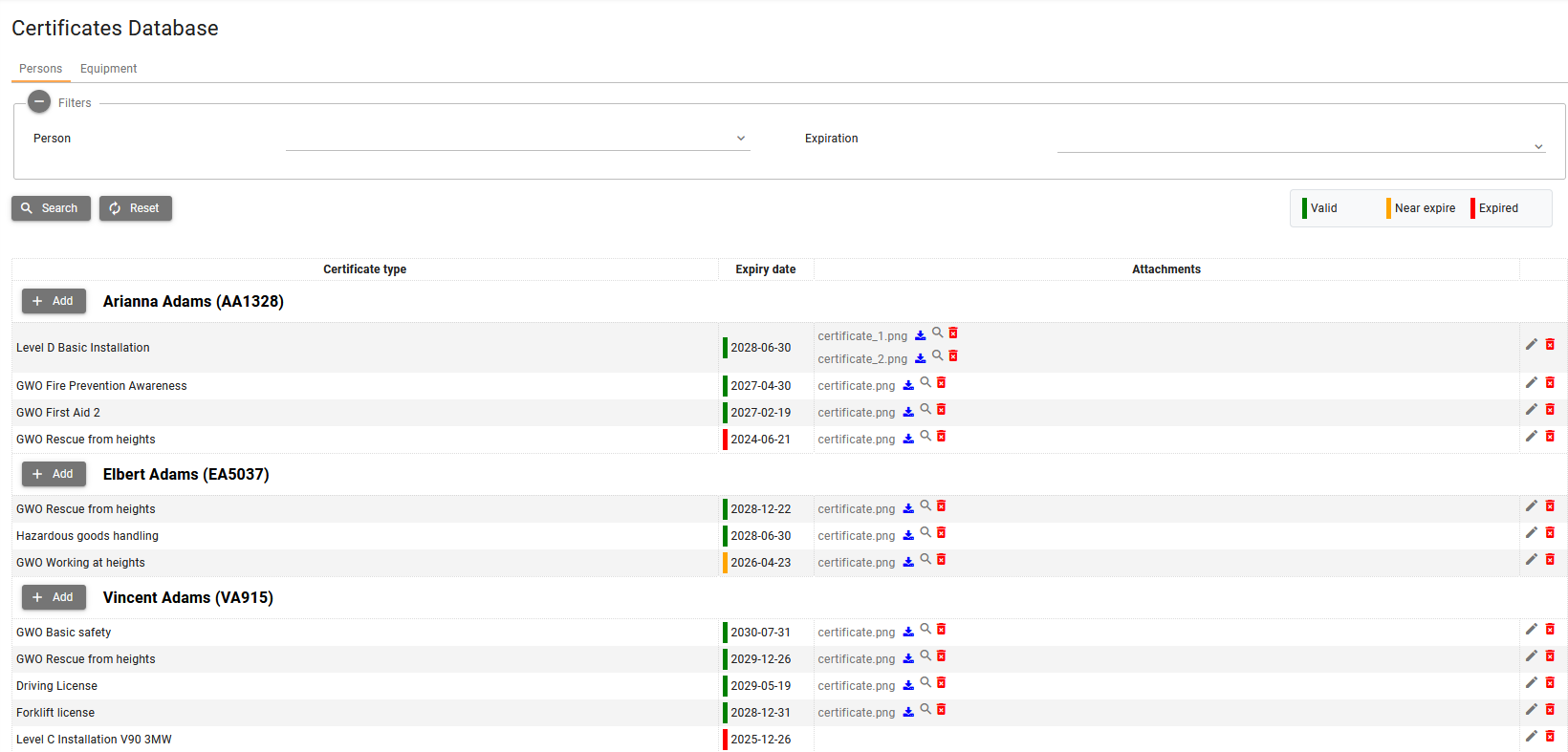 Screenshot placeholder: System management Certificates Database (Persons / Equipment tabs)