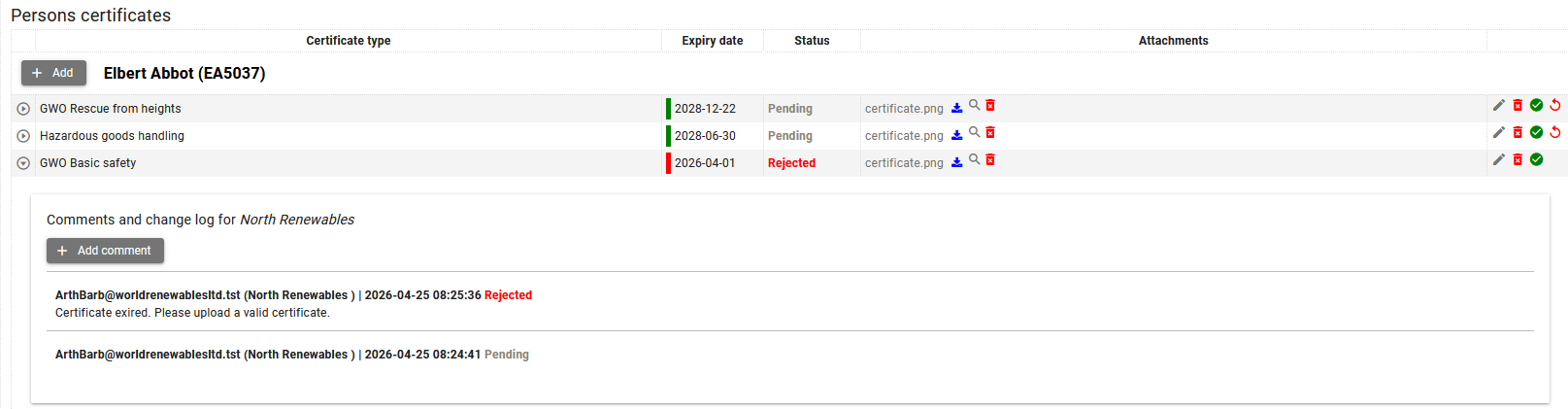 Screenshot placeholder: Certificate comments and change log
