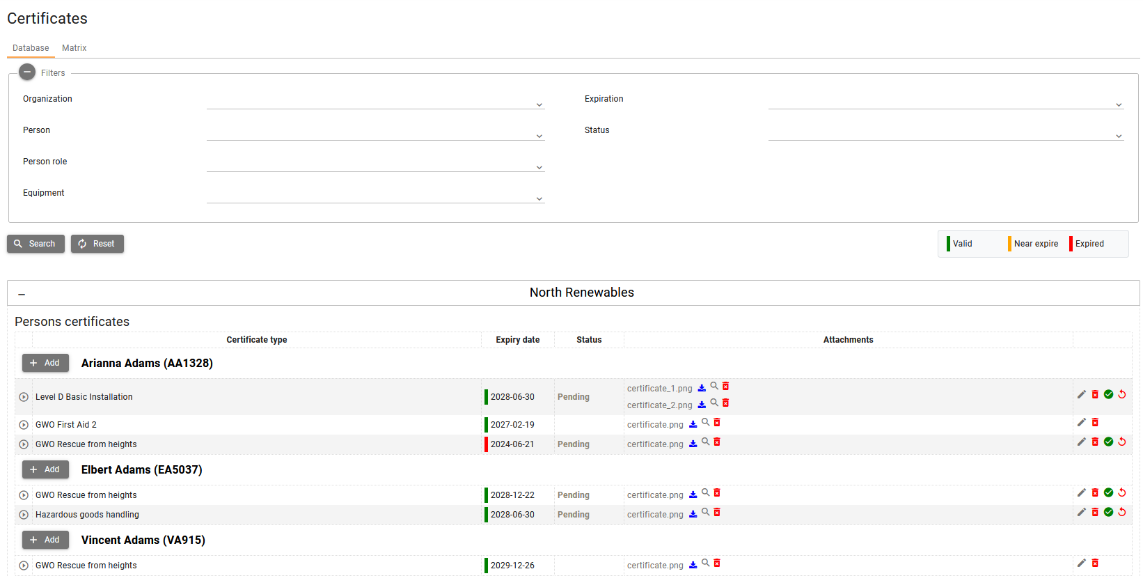 Screenshot placeholder: Project Certificates screen with Database and Matrix tabs