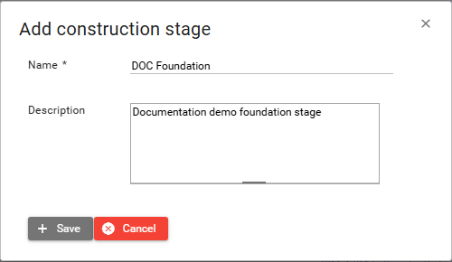 Add construction stage dialog with Name and Description filled
