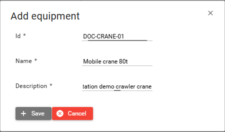 Add equipment dialog with Id, Name, and Description filled