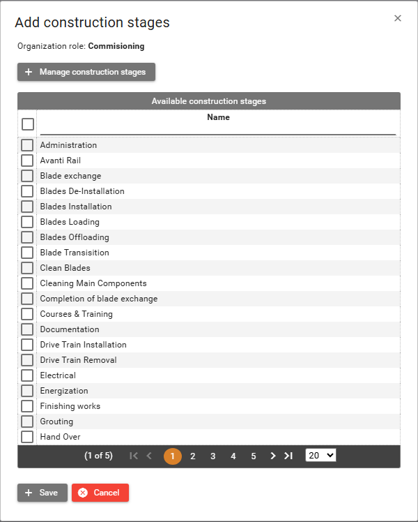 Add construction stages dialog with the organization role, Manage construction stages, and the Available construction stages list