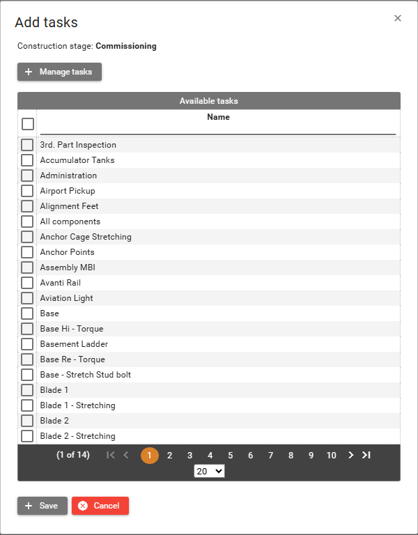 Add tasks dialog with the construction stage, Manage tasks, and the Available tasks list