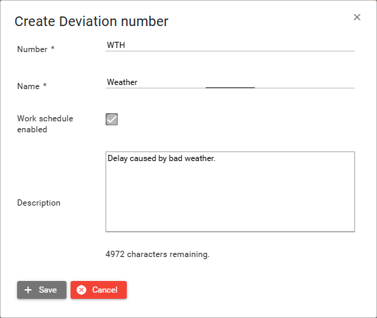 Create Deviation number dialog with Number, Name, Work schedule enabled, and Description