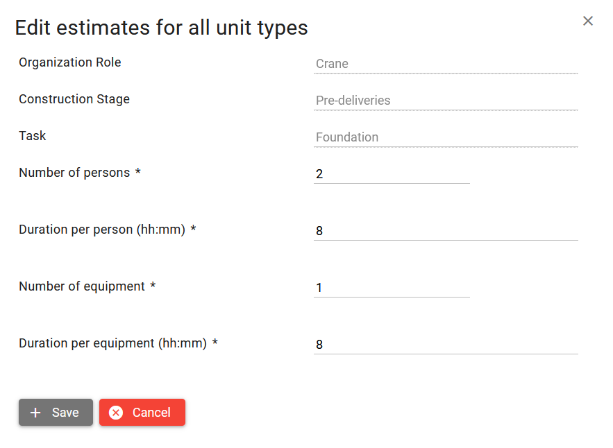 Edit estimates for all unit types dialog with Organization Role, Construction Stage, Task, and hour fields filled