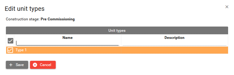 Edit unit types dialog with the construction stage and the unit types list