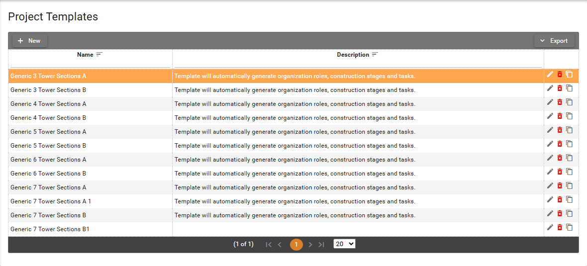 Project Templates list with Name, Description, and row actions
