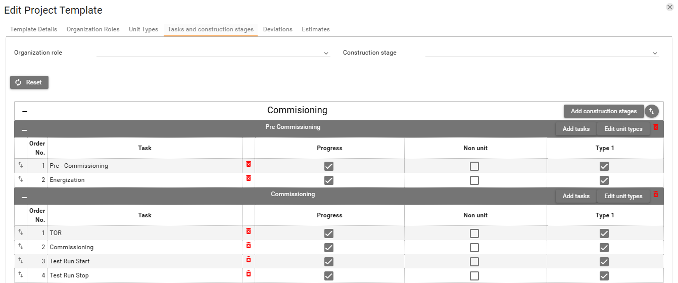 Tasks and construction stages tab with an organization role, a construction stage, and the task table